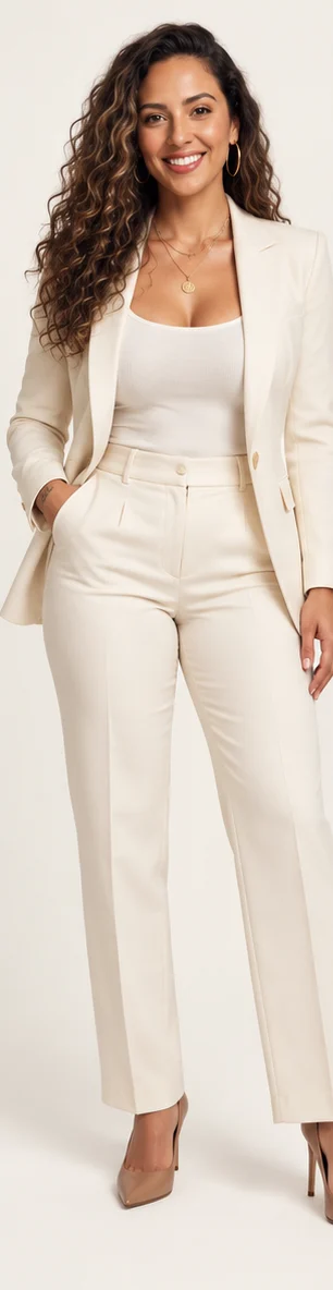 Mari in a cream tailored suit