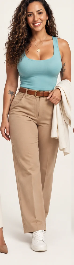 Mari in a tank top and chinos, jacket over one arm