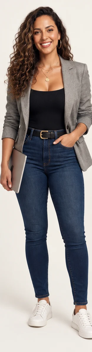 Mari in a grey blazer holding a laptop
